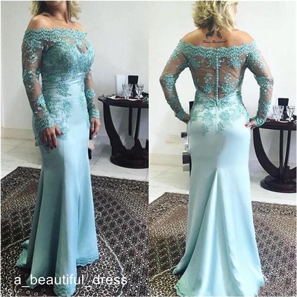 Elegant Off the Shoulder Lace Mother Of The Bride Dresses Sheer Long Sleeves Custom Made Sheath Mermaid Dresses Formal Evening Dress ED1188