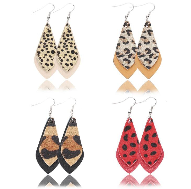 Printing Leopard drops earrings Autumn & Winter Double layers leaf real leather drop earrings for women gift GD4