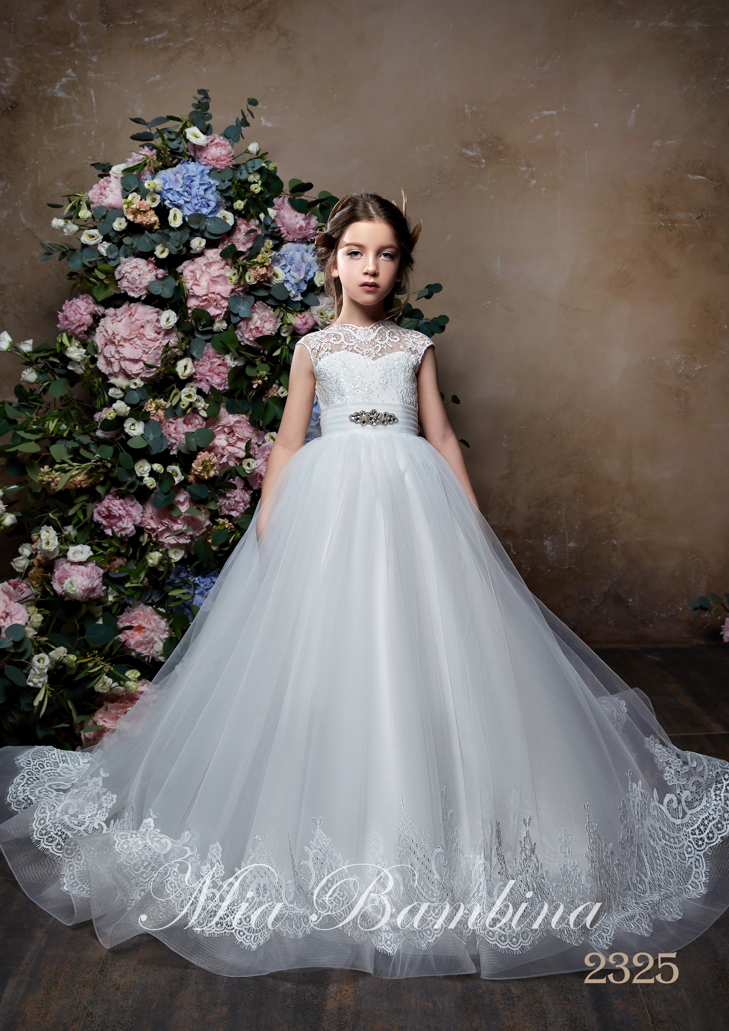 White Ball Gown Flower Girl Dress Sleeveless Jewel Neck Tulle Lace Applique Rhinestone Wedding Dress Floor Length Girl's Birthday Part