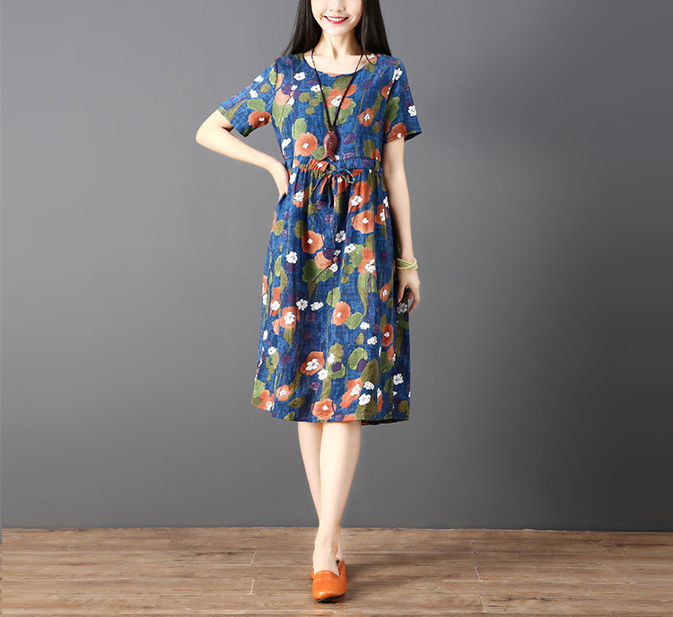 hot sale Cotton And Linen Dress Vintage Waist drawstring short sleeve dress Plus Size Women Casual Loose Summer Dress vestidos
