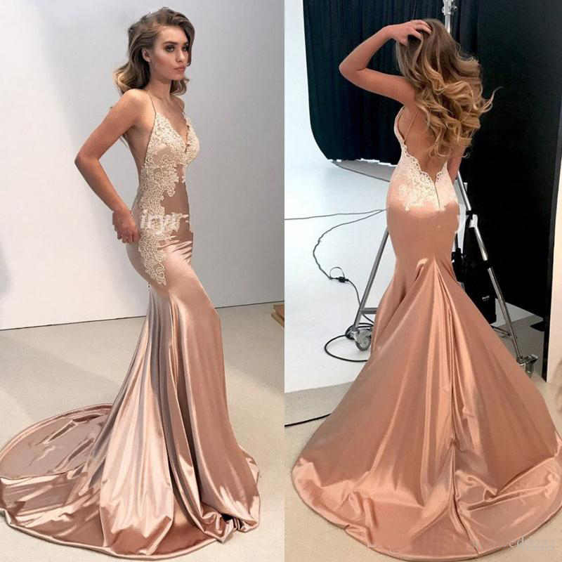 Mermaid Prom Dresses Spaghetti Backless Sweep Train Applique Sleeveless Sexy Party Cocktail Pageant Dress Evening Gowns