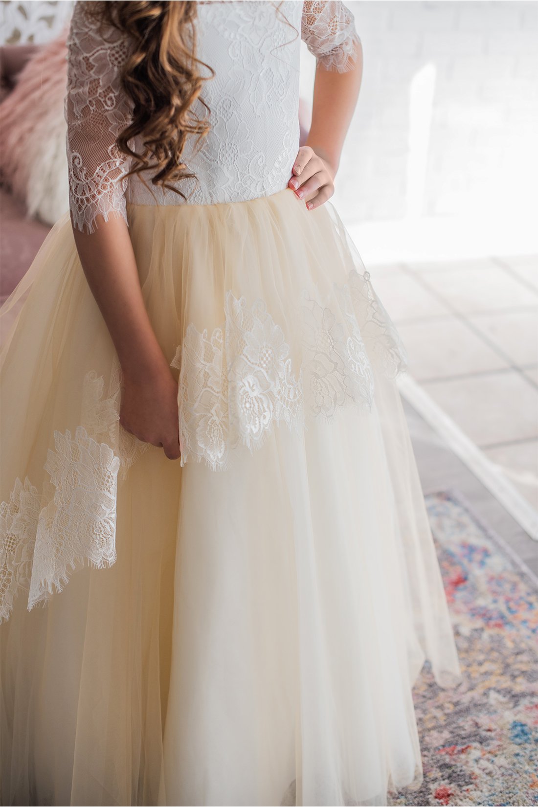 Modern Ball Gown Flower Girl Dress Off Shoulder Long Sleeve Tulle Lace Applique Ruched Wedding Dress Floor Length Girl's Birthday Part