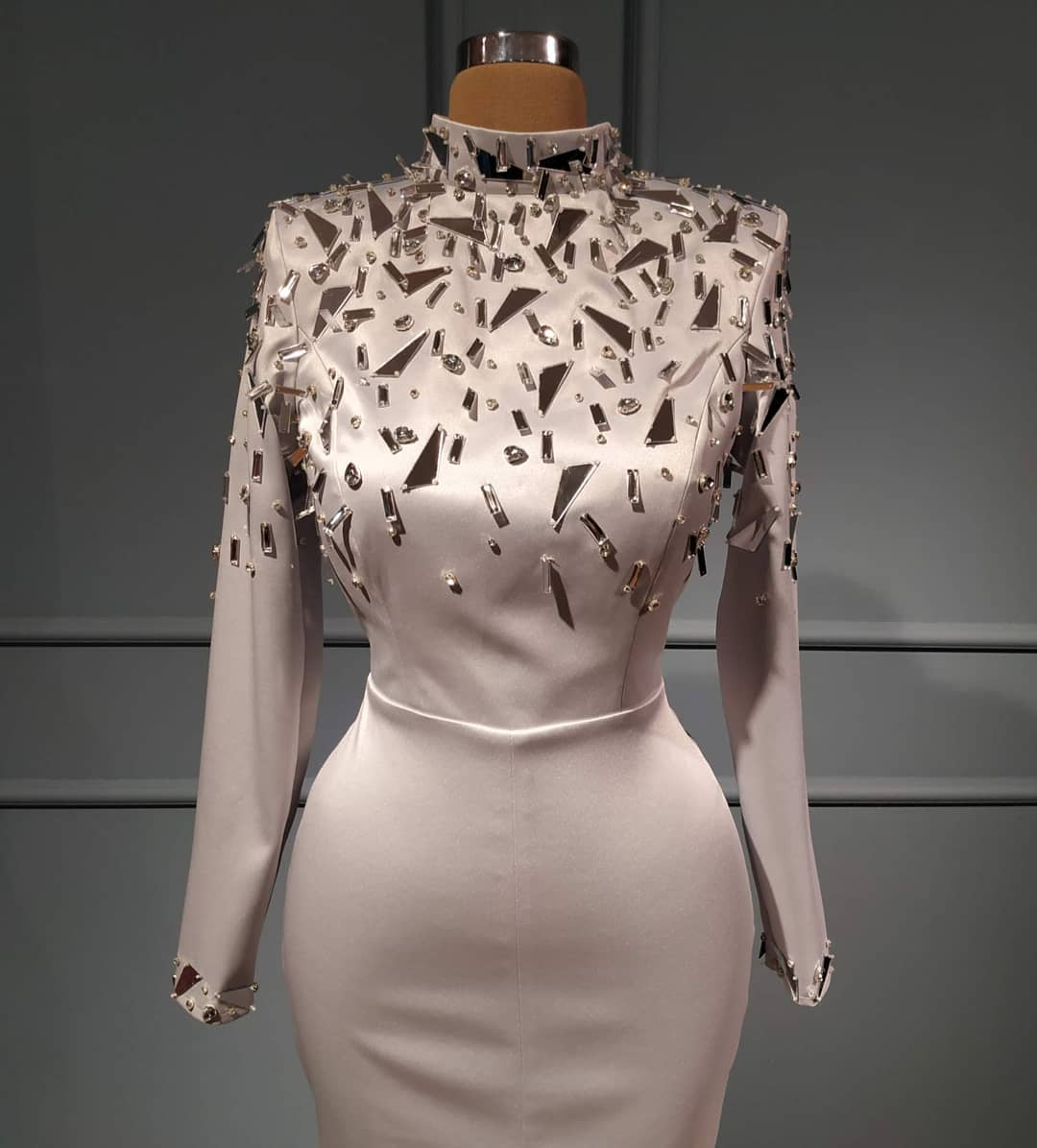 aso ebi arabic ivory sexy mermaid evening dresses beaded crystals prom dresses high neck formal party second reception gowns zj404