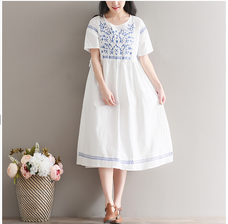 2020 summer fashion flower embroidery dress short sleeve women linen dress, White
2020 summer fashion flower embroidery dress short sleeve women linen dress, White
