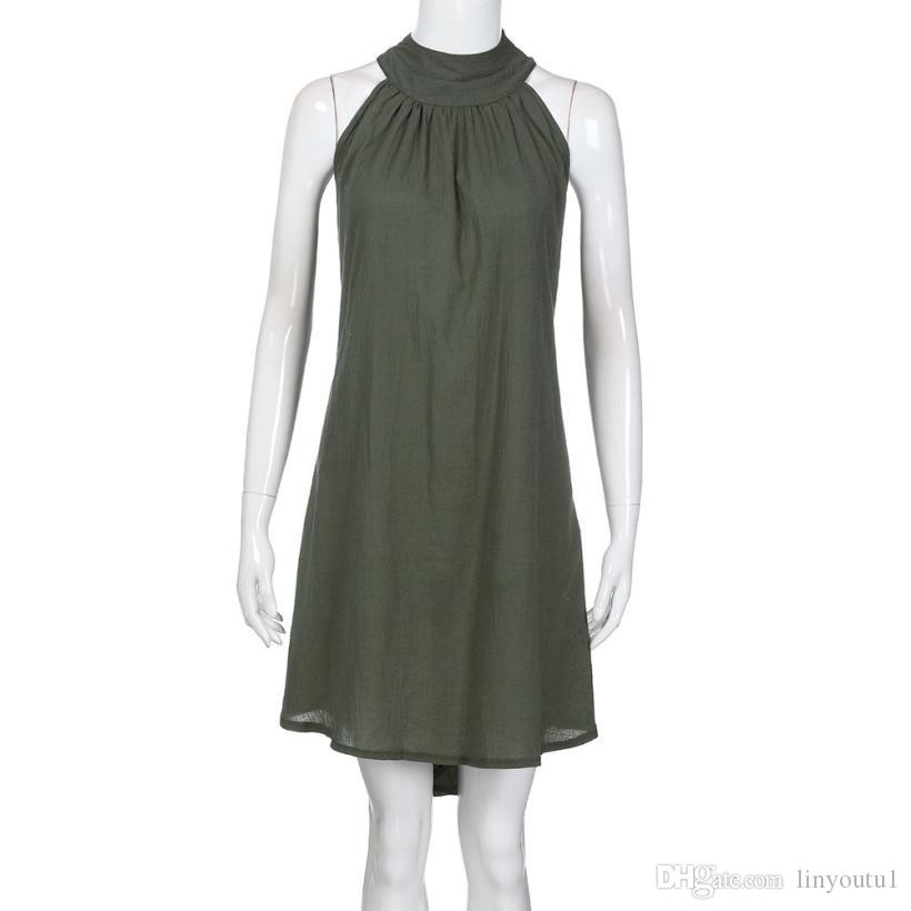 Linen Vest Sundress Draped Elegant Girl hot sale 2020 Casual Spring Pleated Dress Solid Color Sleeveless Round Neck Party Night