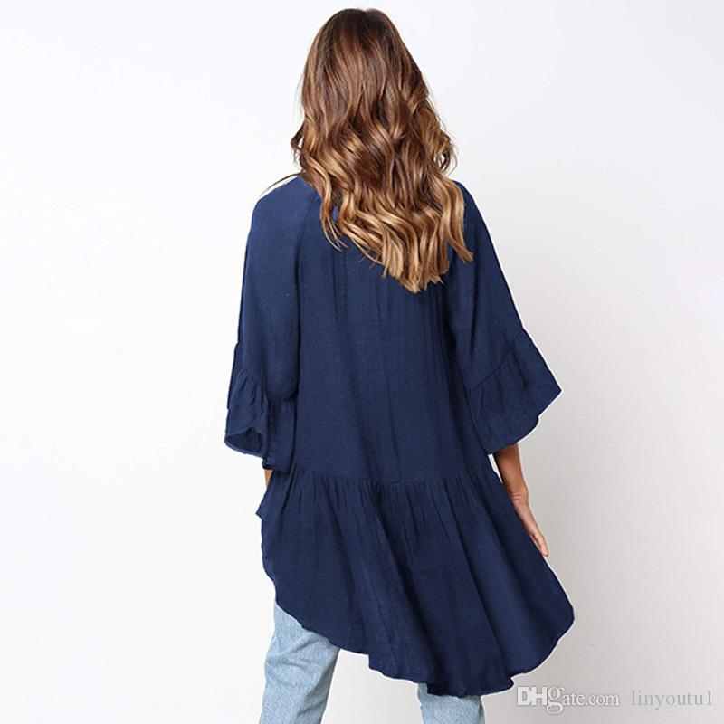 2020 Irregular T Shirt Solid Color Femme 2019 Long Back Short Front Tops Ripped T Shirts Kawaii Plus Size Fashion Seven-quarter sleeve tops