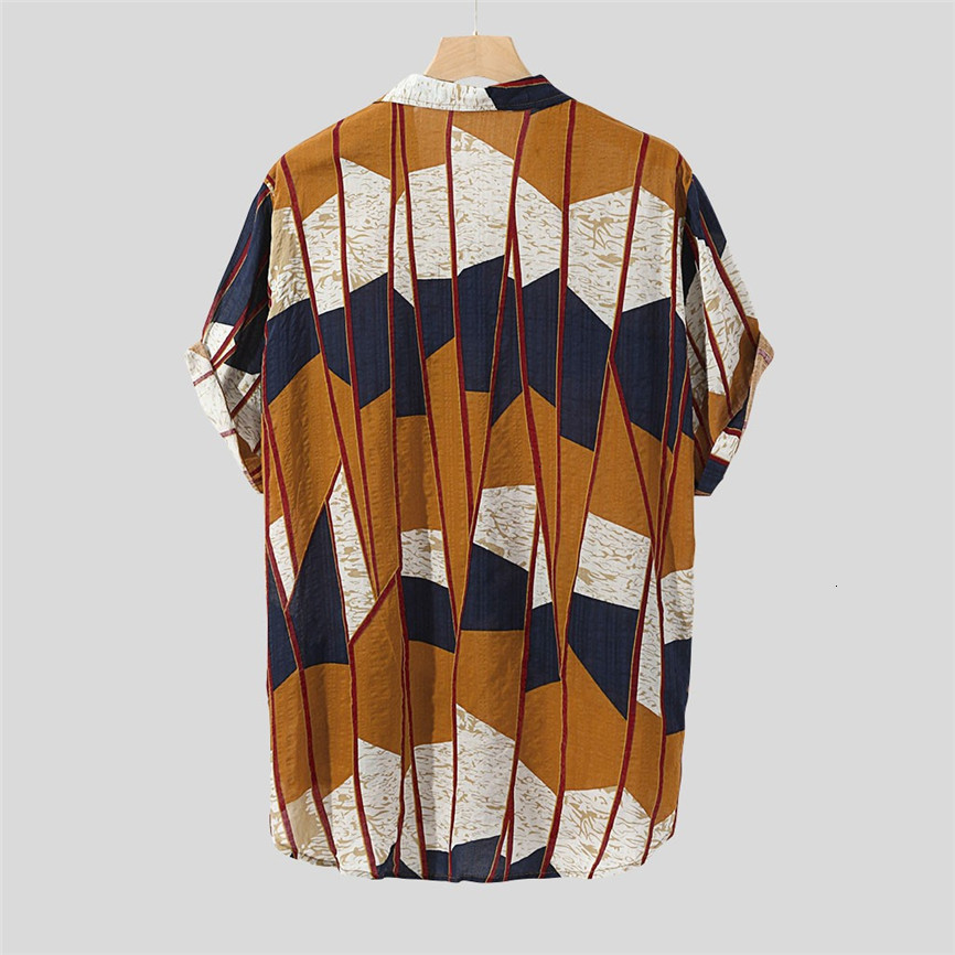Hawaiian Print Shirt 2019 Men Contrast Color Geometric Print Button Short Sleeve Loose Streetwear Oversize Camisa Masculina