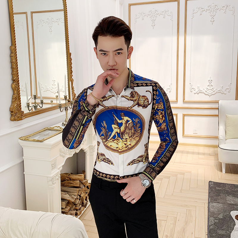 Casual Ral Shirt, Slim Fit Printed Long Sleeve Club Outfits, Breathable Mens Wer Shirts B1