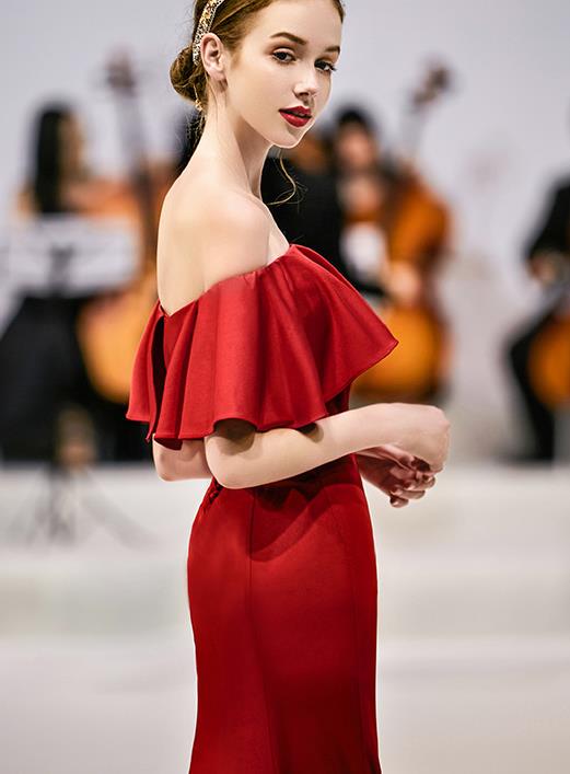 Elegant Dark Red Evening Dress Soft Satin New Slim Mermaid Long Banquet Off Shoulder Lace-up Back Formal Prom Dresses In Stock