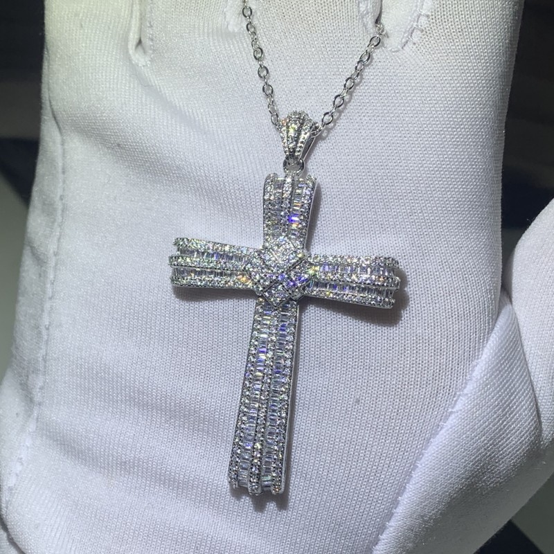 Choucong Handmade Jewelry Real Sterling Sier Pave White Sapphire CZ Dia Gemstones Cross Pendant Clavicle Chain Necklace