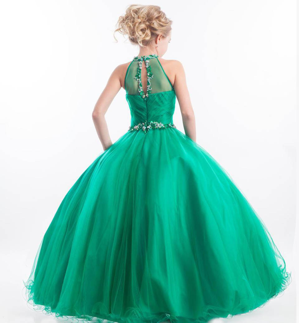 Cheap Girls Pageant Dresses For Teens High Keyhole Neck Crystal Pearl Beades Green Long Size 13 Party Long Kids Flower Girl Gowns