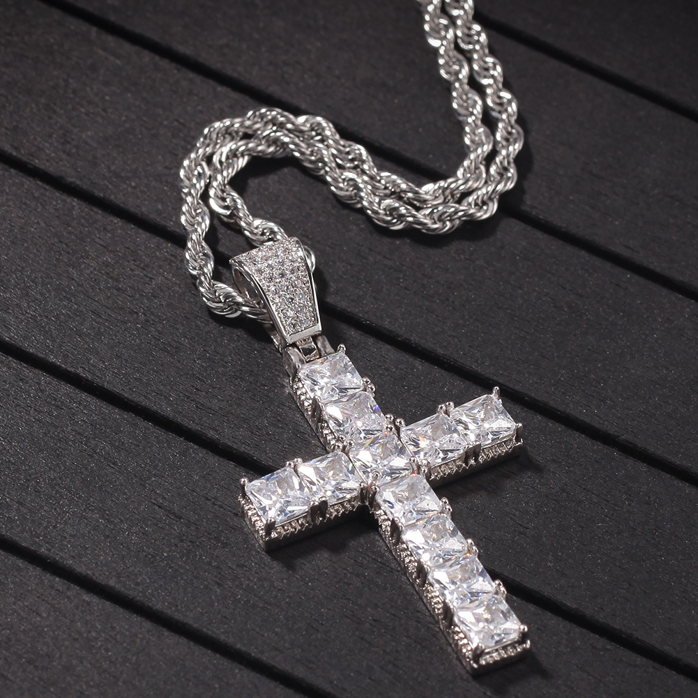 Bling Square Diamond Stone Cross Pendants White Gold Plated Necklace Men Women Lover Gift Religious Jewelry