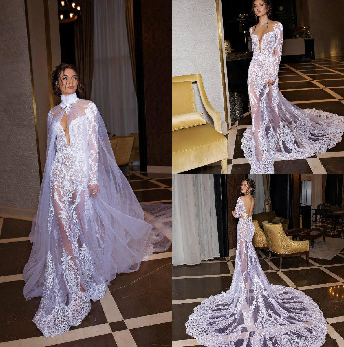 Dimitrius Dalia Mermaid 2019 Wedding Dresses With Capes Sheer Neck Long Sleeve Bridal Gowns Lace Appliqued Sexy Beach Vestidos De Noiva