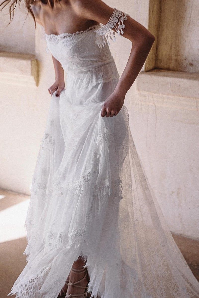 Bohemian Summer Beach Wedding Dresses Off The Shoulder Lace Boho Bridal Gowns Vintage French vestido de noiva Wedding Dress