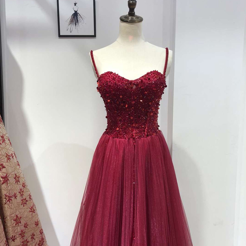 2019 Dark Red Evening Dresses Long Spaghetti Straps Sexy Prom Dress A-Line Beaded Tulle Cheap Women Party Formal Gowns