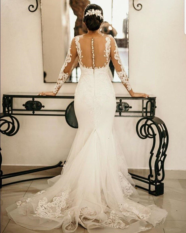 Illusion Long Sleeve Mermaid Wedding Dresses 2020 Sheer Jewel Neck Lace Applique Trumpet Sweep Train Aso Ebi Bride Wedding Gown