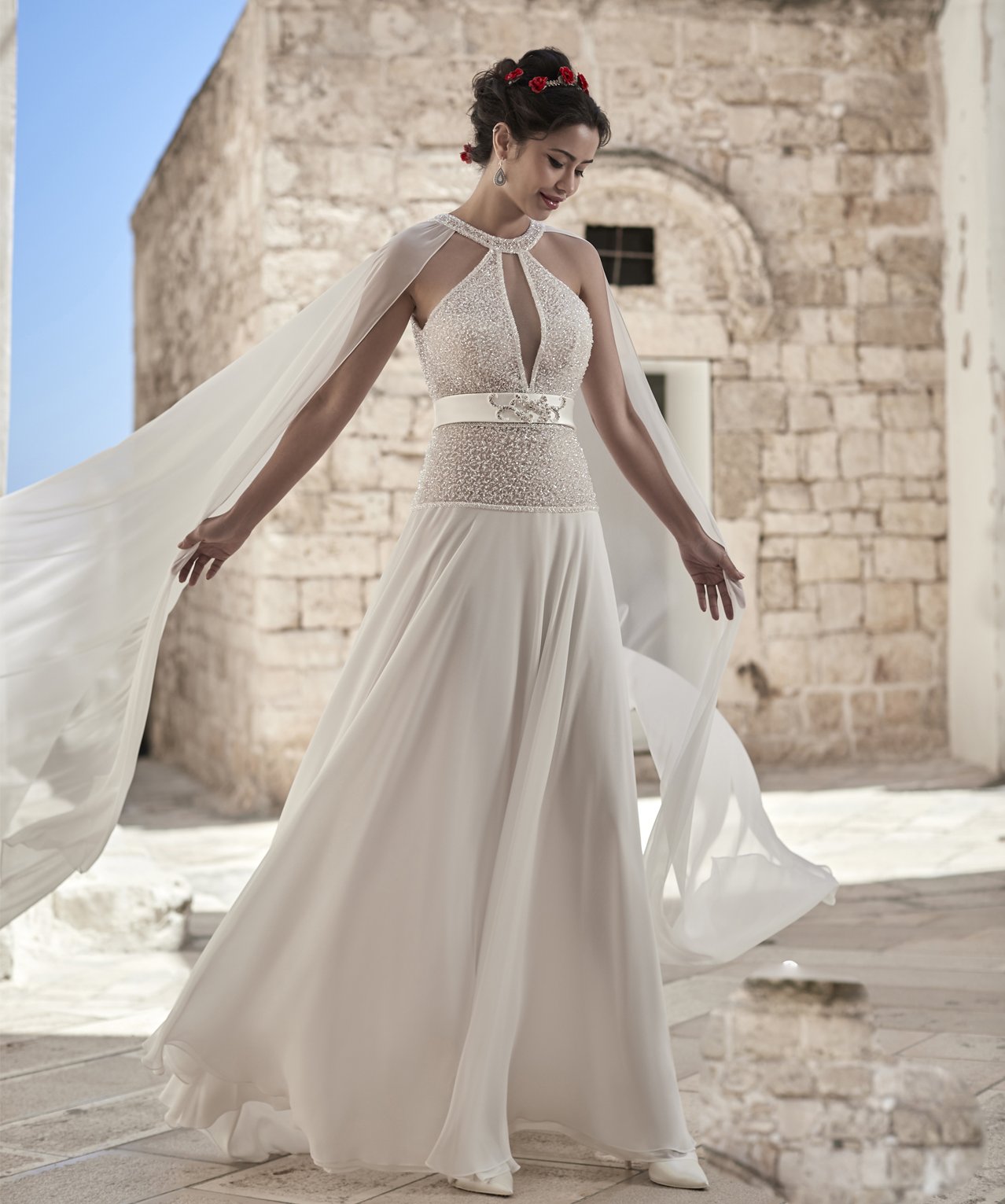 Gorgeous A Line Boho Wedding Dresses With Wrap Halter Neck Lace Chiffon Beads Sequins Bridal Gowns Custom Made Bohemian Wedding Dress
