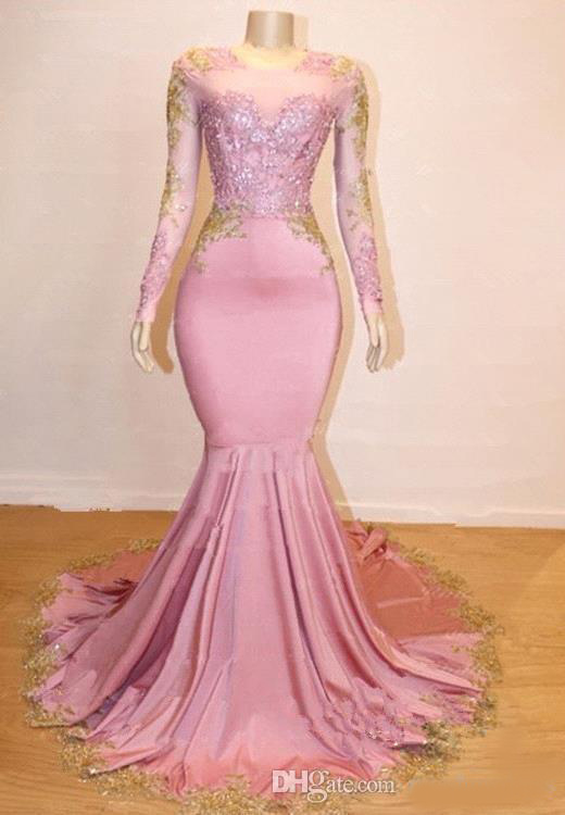 2020 New Sheer Long Sleeves Mermaid Long Prom Dresses Black Girls Gold Lace Applique Sweep Train Formal Party Evening Gowns