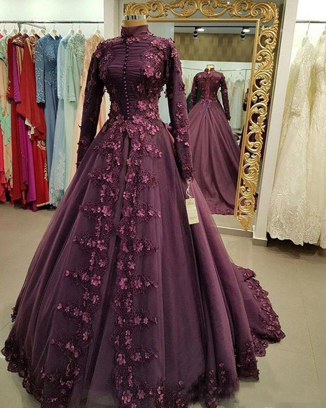 Medieval Princess Ball Gown Muslim Prom Dresses with Appliques wers Party Wear High Neck Long Sleeves Dubai Evening Gowns