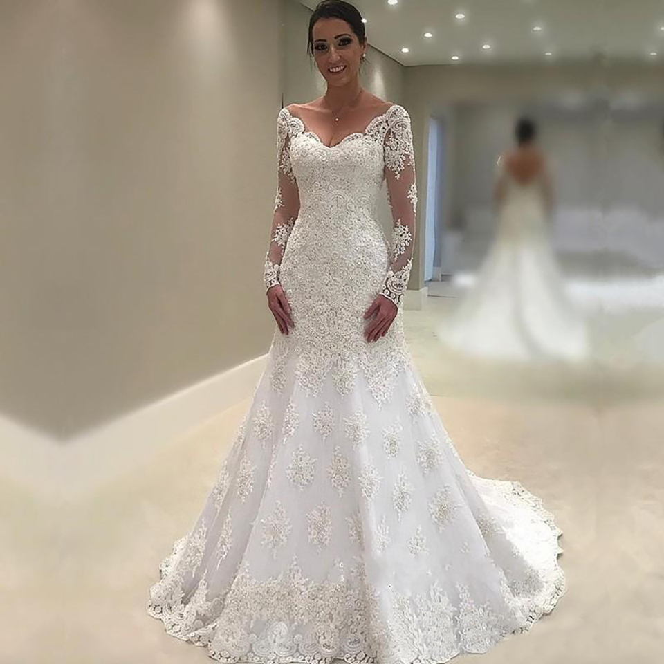 Cheap New Arrival Mermaid Wedding Dresses Long Sleeves Sweetheart Lace Appliques Backless Wedding Bridal Gowns Plus Size Beach Bride Dress, Beige 
Cheap New Arrival Mermaid Wedding Dresses Long Sleeves Sweetheart Lace Appliques Backless Wedding Bridal Gowns Plus Size Beach Bride Dress, Beige