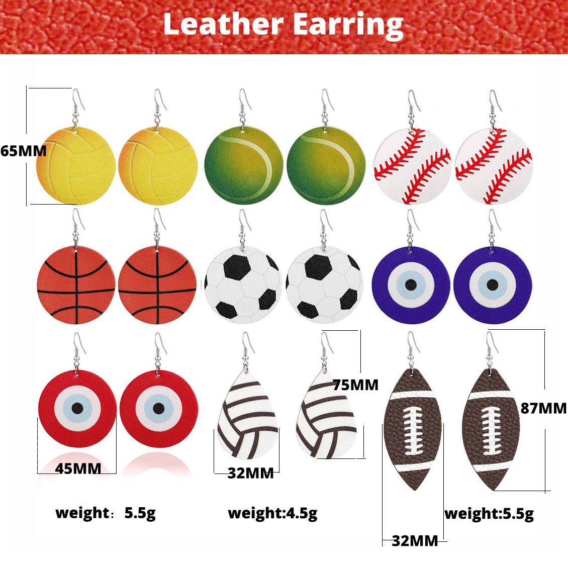 New Fashion Statement Sports Style 3D Basketball Football Tennis Rugby Printed Pendant Earring Creative Leather Charms Earring for woman