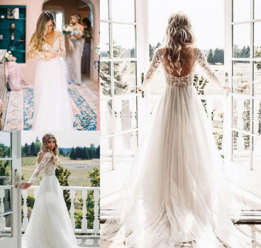 Boho Long Sleeves Wedding Dress A Line Lace Tulle Bohemian Beach Country Garden Church Formal Bridal Gown Custom Made Plus Size