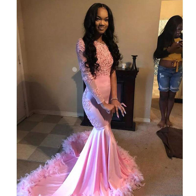 Pink Prom Dresses 2020 one long sleeve One Shoulder Feather Lace Appliques Mermaid Evening Dress African Black Girls Long Formal Gowns