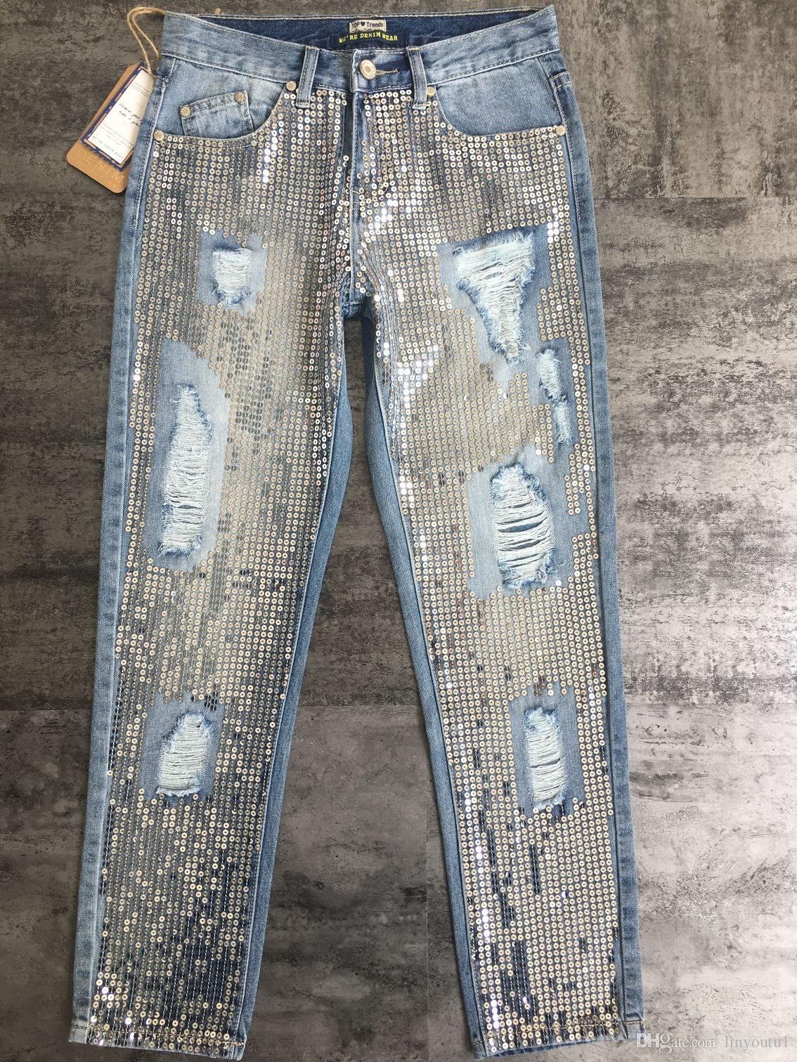 2020 Vintage Sequins Mom Jeans Boyfriend Ripped Jeans For Women Skinny Jeans Woman High Wais Denim Loose Large Sizes Female