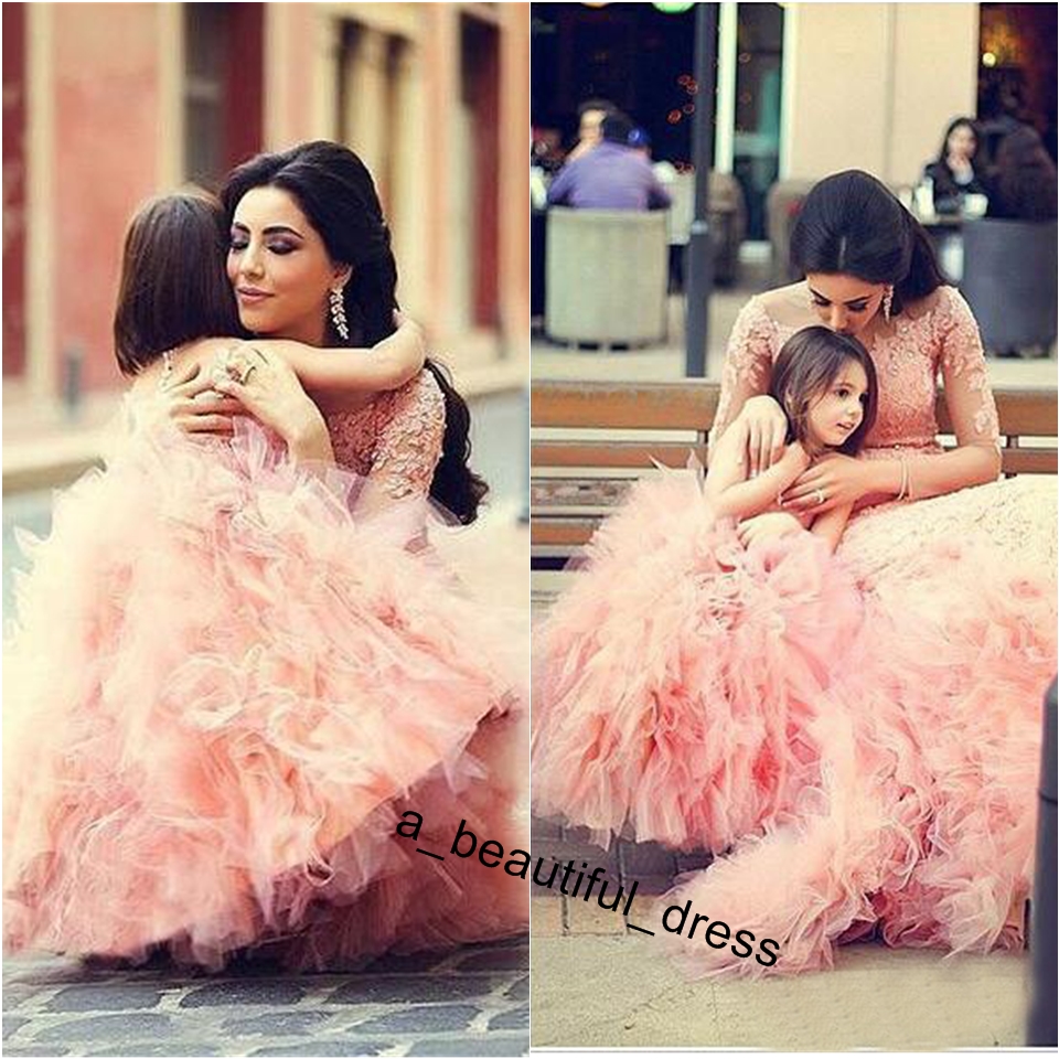 Blush Pink Lace Princess Flower Girls' Dresses for Wedding Christmas Kids Birthday with Crew Neck Tulle Ball Gown Party Dresses FG1309