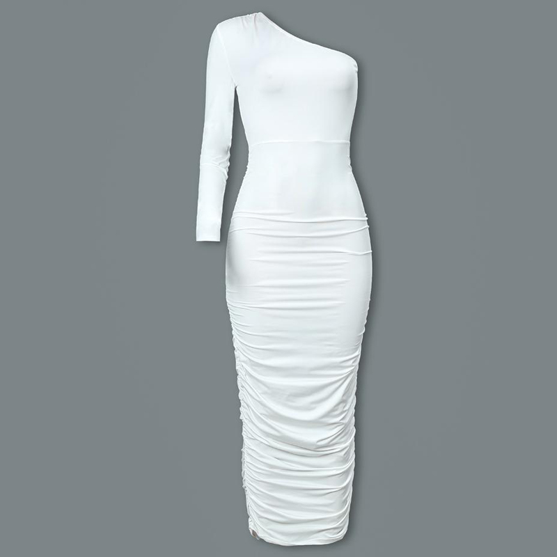 Women Elegant Fashion Sexy White Cocktail Party Slim Fit Dresses One Shoulder Belted Ruched Design Bodycon Midi Dress1