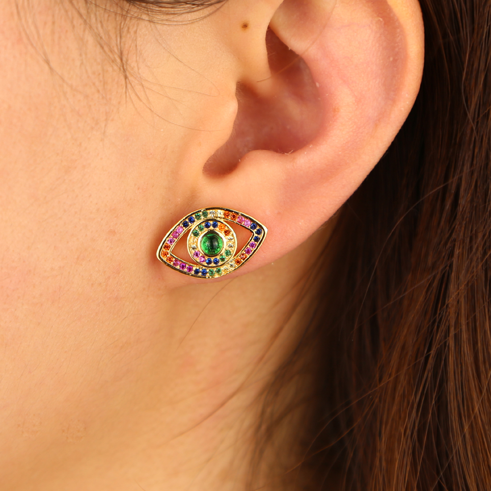 Gold rose gold plated rainbow cz evil eye stud earring luxury bohemia boho trendy 2019 new arrived jewelry earring