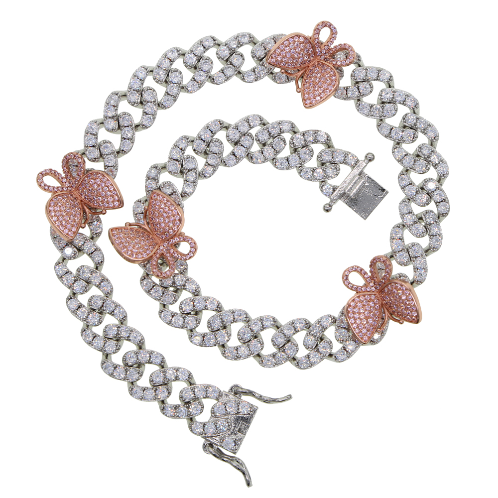 2024 iced out bling cz Miami cuban link chain PINK Butterfly charm choker necklace hip hop rock bling wide cool women jewelry