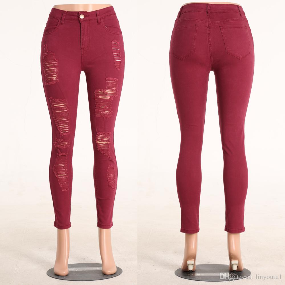 2020 new fashion wild casual commuter big hole small feet pants personality honing broken elastic jeans women's trousers