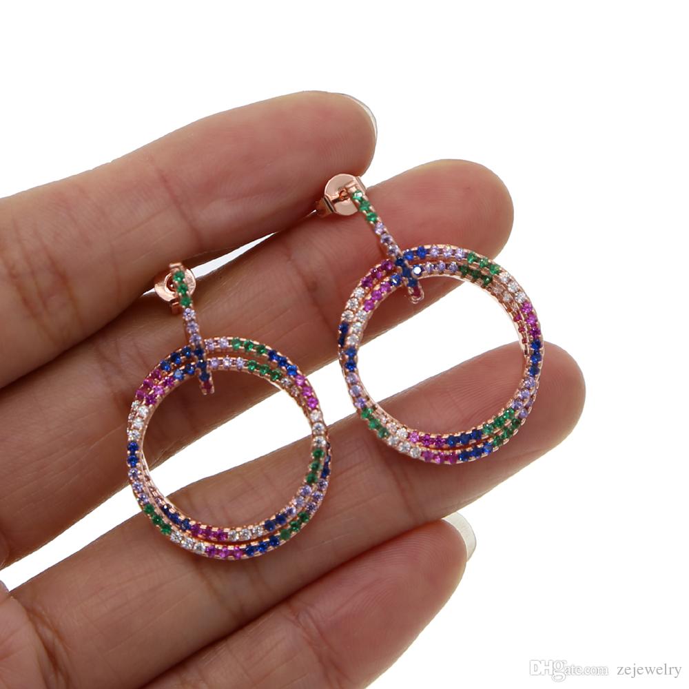 2019 Rose Gold color double round circle mix colorful CZ women classic jewelry top quality latest new design necklace earring setSuit