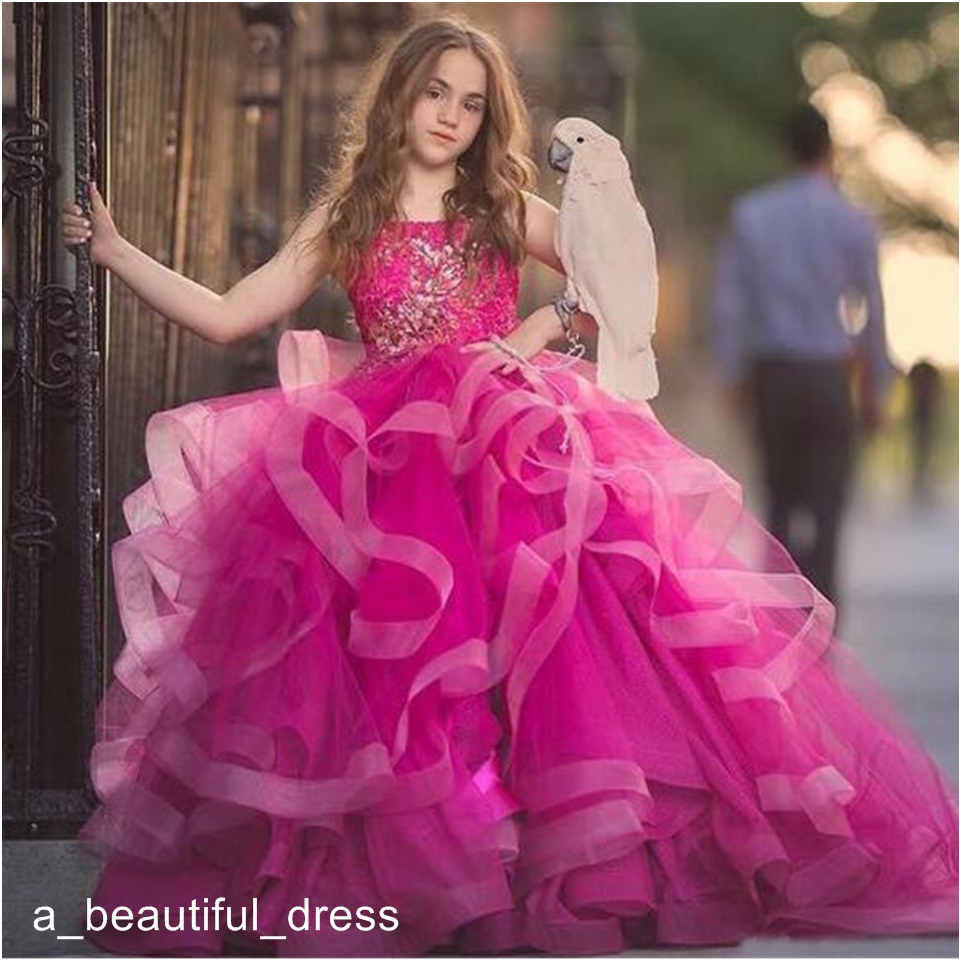 Spaghetti Strap Ball Gown Flower Girls Dresses with Appliques Tiered Bottom Ruffles Child Pageant Dress Kid's Prom Gowns FG1347