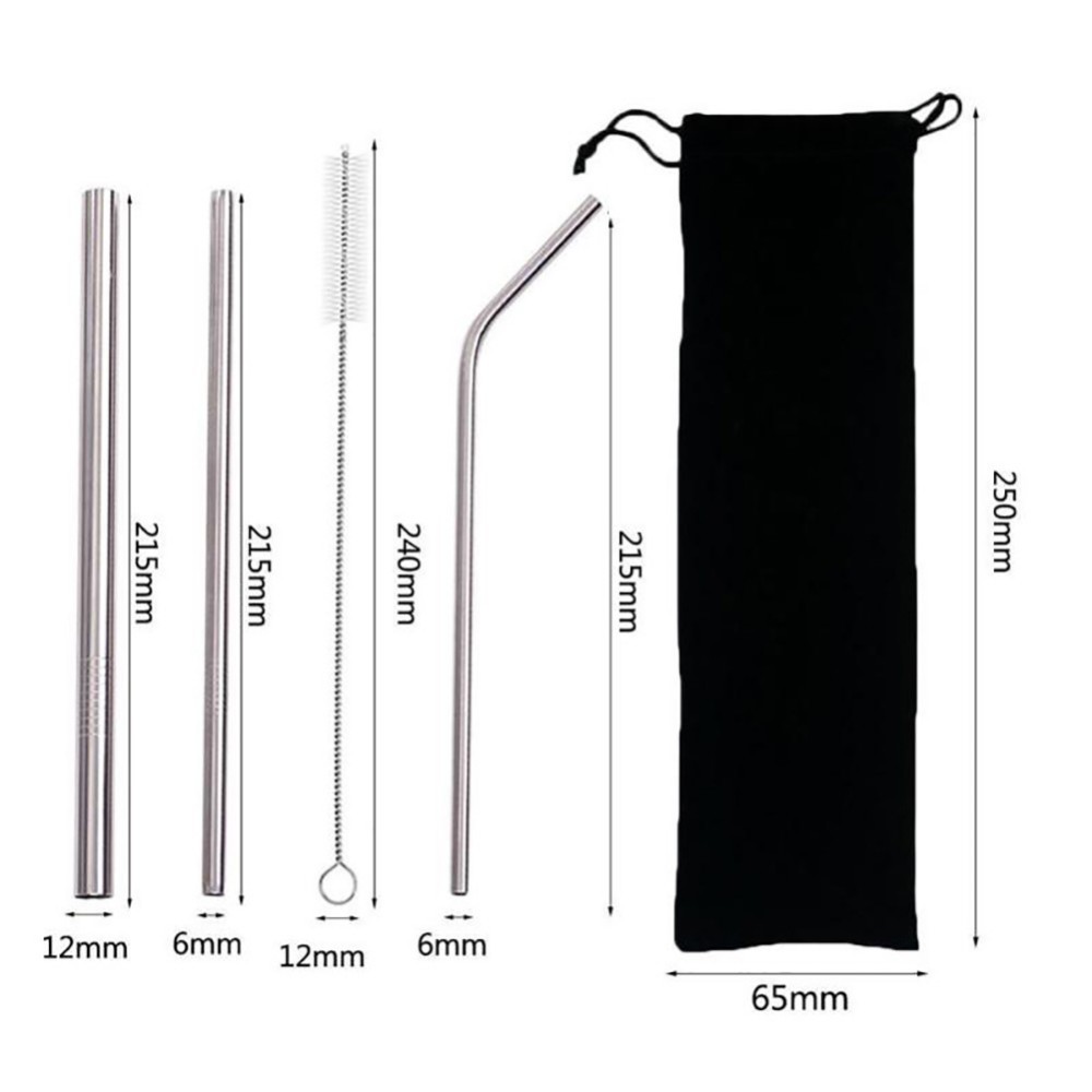 5pcs Eco Friendly Reusable Straw 304 Stainless Steel Straw Metal Drinking Straws Set with Brush & Bag
