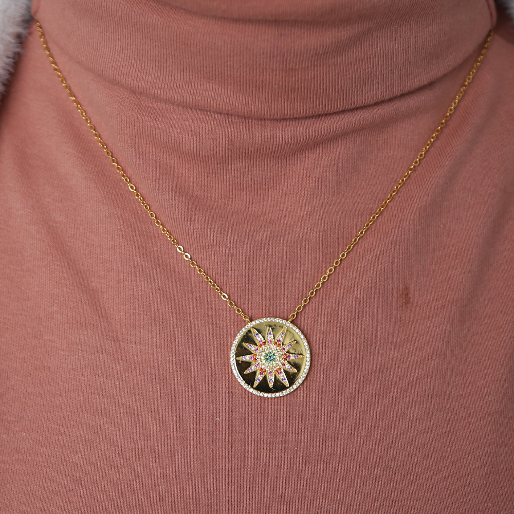Wholesale- engraved round coin necklace for women 2018 fashion trend jewelry north star rainbow cz paved disco charm chain party jewelry