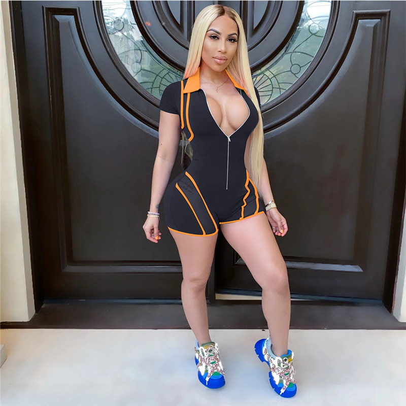 New Plus size 2X Summer Women solid color shorts Jumpsuits fashion short sleeve bodysuits Casual mesh panelled Overalls night club wear 3185