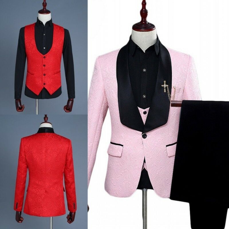 Handsome Mens Suits Jacquard Prom Party Tuxedos Shawl Lapel Groom Wedding 3 Piece Formal Suits Top Quality