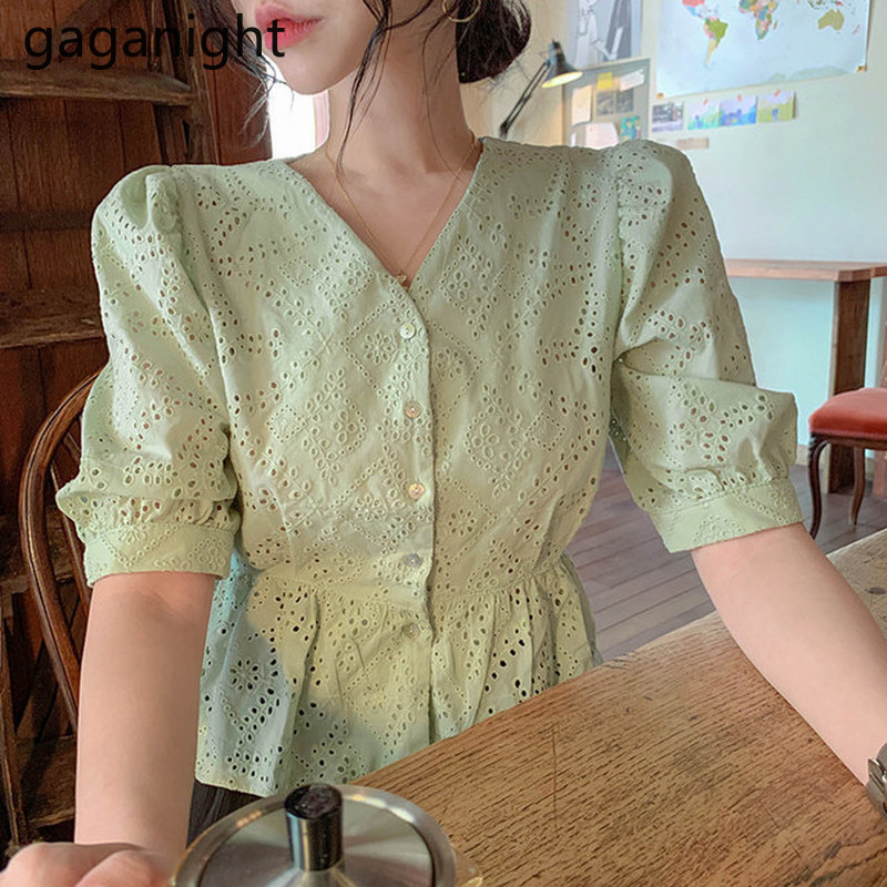 Gaganight Women V Neck Hollow Out Shirt Fashion Short Puff Sleeve Single Breasted Slim Blusas Elegant Solid Blouse Summer Femme, Green
Gaganight Women V Neck Hollow Out Shirt Fashion Short Puff Sleeve Single Breasted Slim Blusas Elegant Solid Blouse Summer Femme, Green