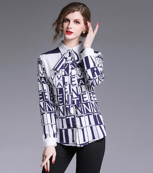 New Fashion Vintage Letter Print OL Women's Blouses Ladies Casual Office Button Front Bow Tie Neck Long Sleeve Shirts Tops