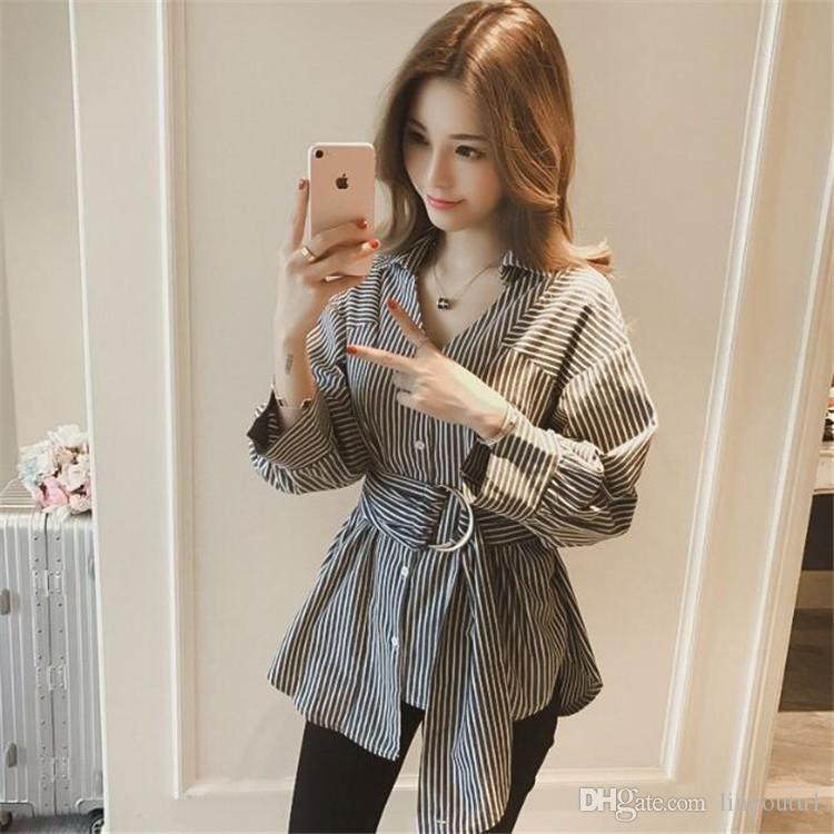 2020 New Fashion Irregular Patchwork Striped High Waist Shirt For Women Female's Long Sleeve Long Blouse With Belt