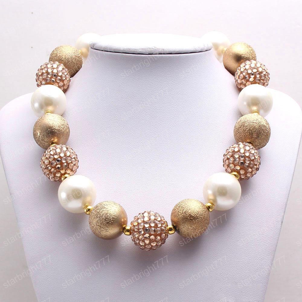 Newest Gold+Beige Color Baby Kid Chunky Necklace&Bracelet Set Fashion Bubblegum Beads Chunky Necklace Jewelry Set For Children Gilr