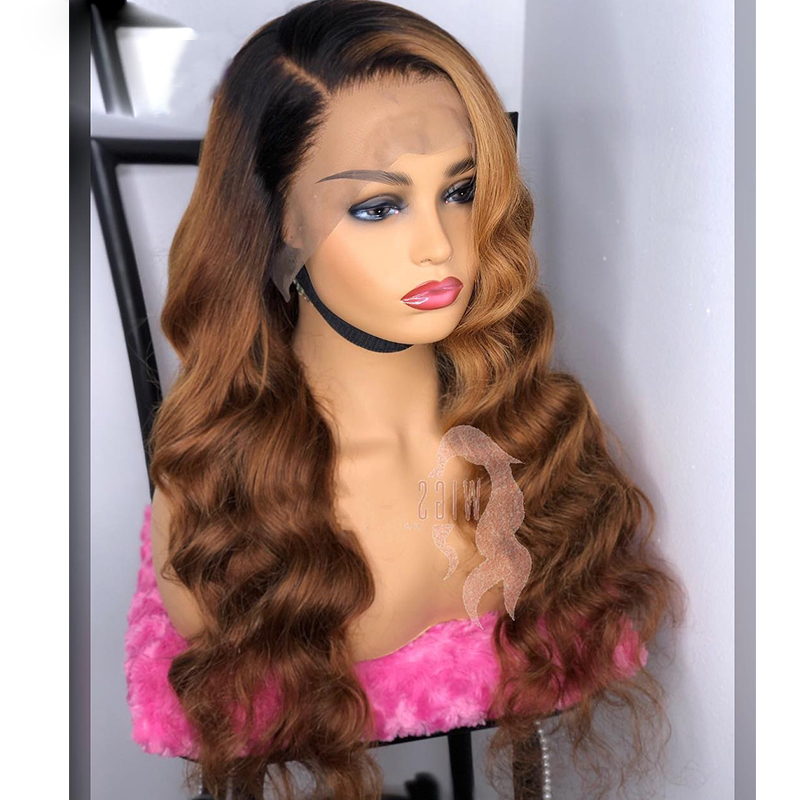Long Synthetic lace front Wigs Ombre Brown High Density Heat Resistant Wavy 360 lace full Wig For Black/White Women Cosplay/Party
