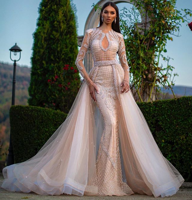 2020 Gorgeous Evening Dress With Detachable Train Jewel Neck Beaded Sequins Long Sleeves Prom Dress Ruffle Lumbar Formal Party Gown