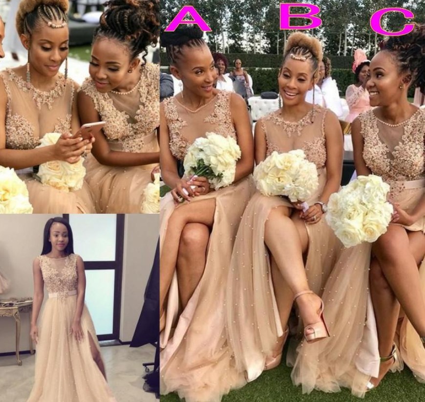 2020 Sexy Champagne African Split Front Bridesmaid Dresses Sheer Jewel Pearl Beads Tulle Wedding Party Gowns Tulle Maid Of The Honor Dress
2020 Sexy Champagne African Split Front Bridesmaid Dresses Sheer Jewel Pearl Beads Tulle Wedding Party Gowns Tulle Maid Of The Honor Dress
