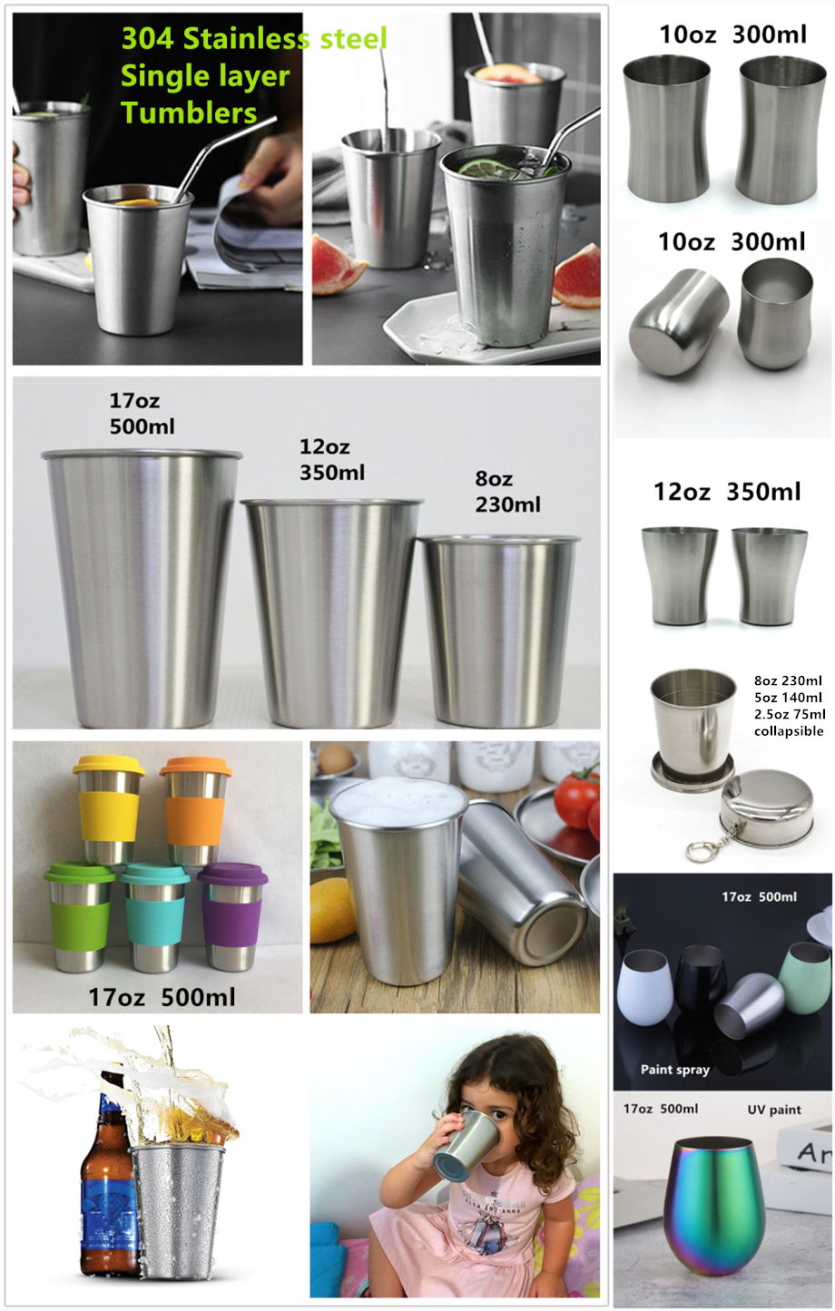 304 Stainless steel tumbler single wall mug wine beer coffee water glass egg shaped cup collapsible portable full-range sizes 20oz to 2oz, Random colors
304 Stainless steel tumbler single wall mug wine beer coffee water glass egg shaped cup collapsible portable full-range sizes 20oz to 2oz, Random colors