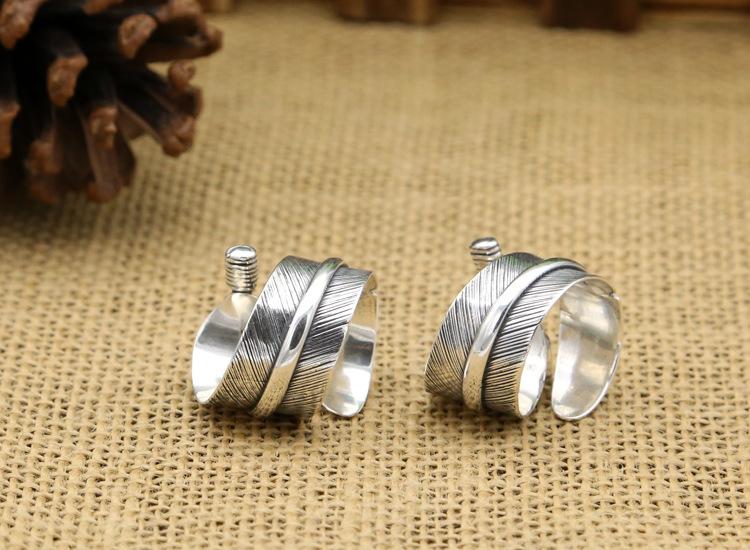 Brand new 925 sterling silver jewelry Japanese American Indian hand-made designer antique silver open adjustable feather rings