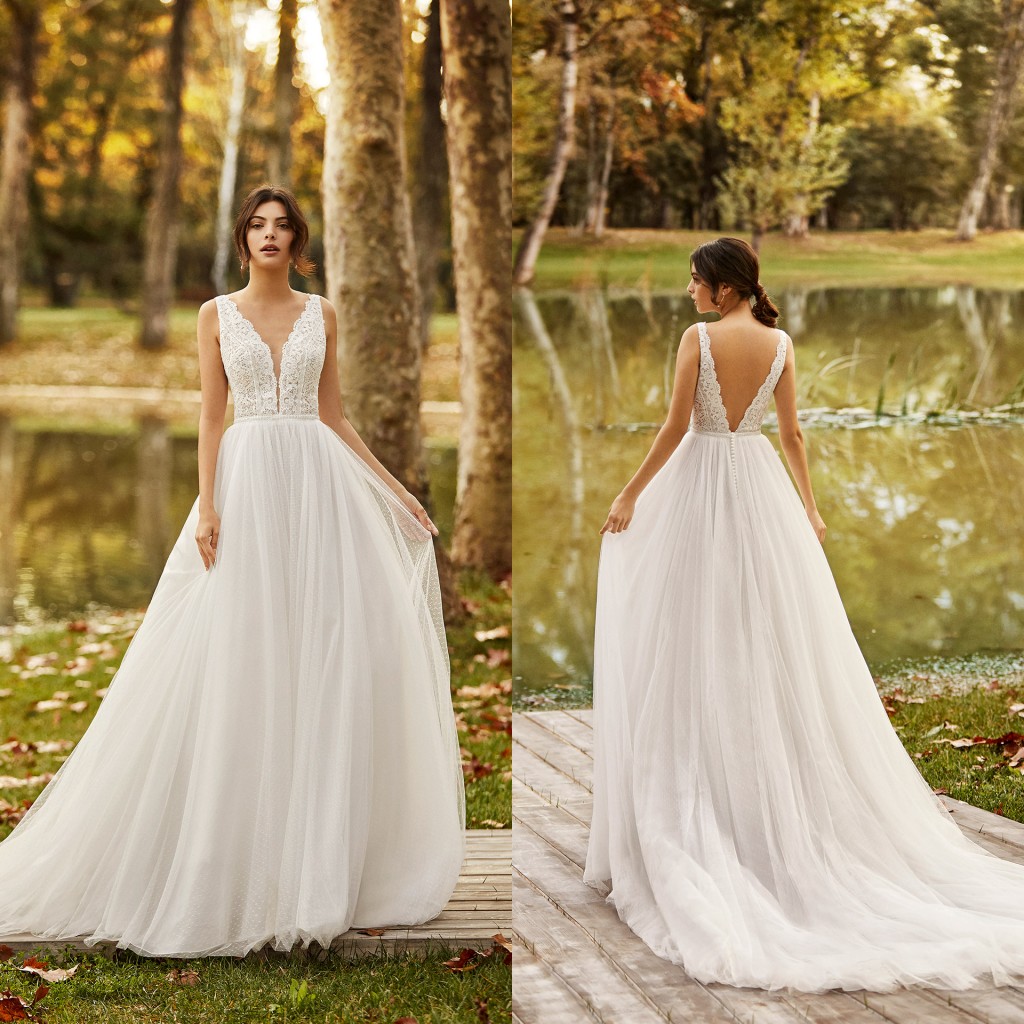 2020 Beach Wedding Dresses V Neck Lace Apliques A Line Tulle Boho Wedding Dress Sexy Backless Custom Made Robes De Mariée