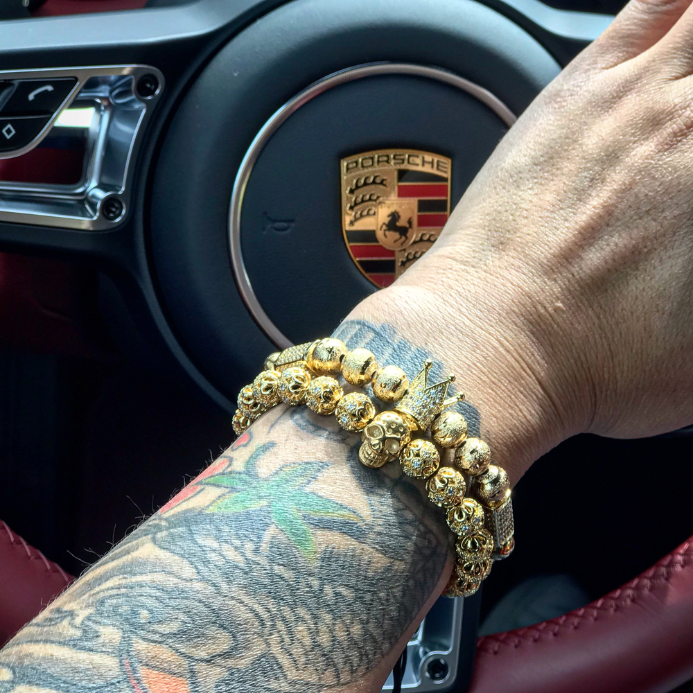 2pcs/set Charm Luxury Gold Bracelet Men Male Stainless Steel Beads Crown Cz Zircon Braided Female pulseira Gift Valentine's Day Holiday Christmas